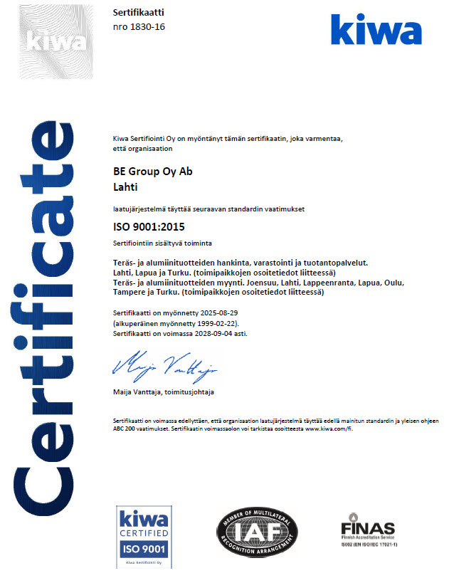 Laatusertifikaatti ISO 9001:2015