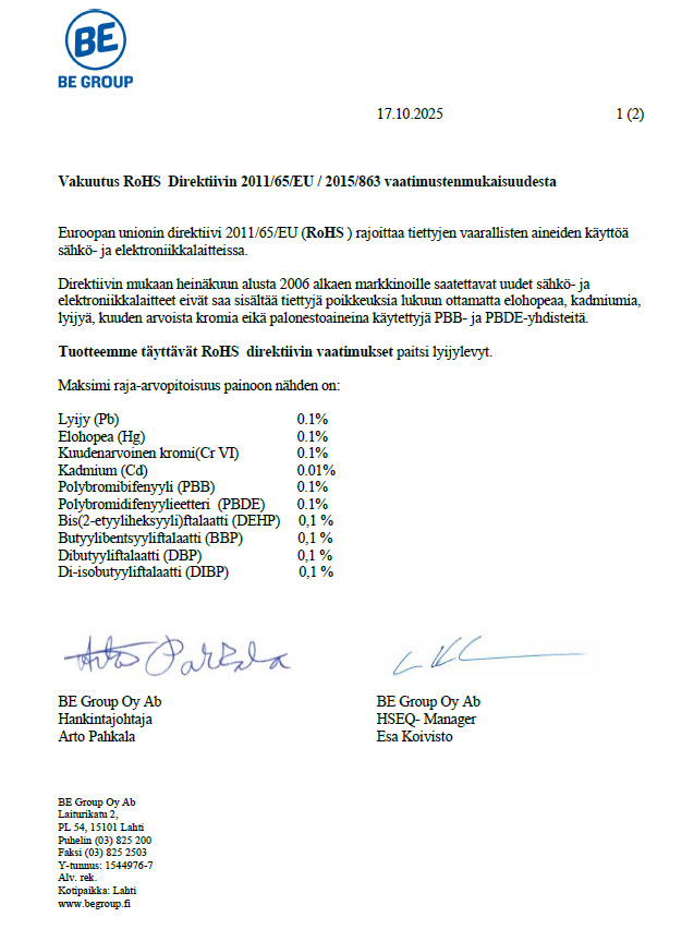 Vakuutus RoHS II Direktiivin 2011/65/EU / 2015/863 vaatimusten mukaisuudesta (RoHS)